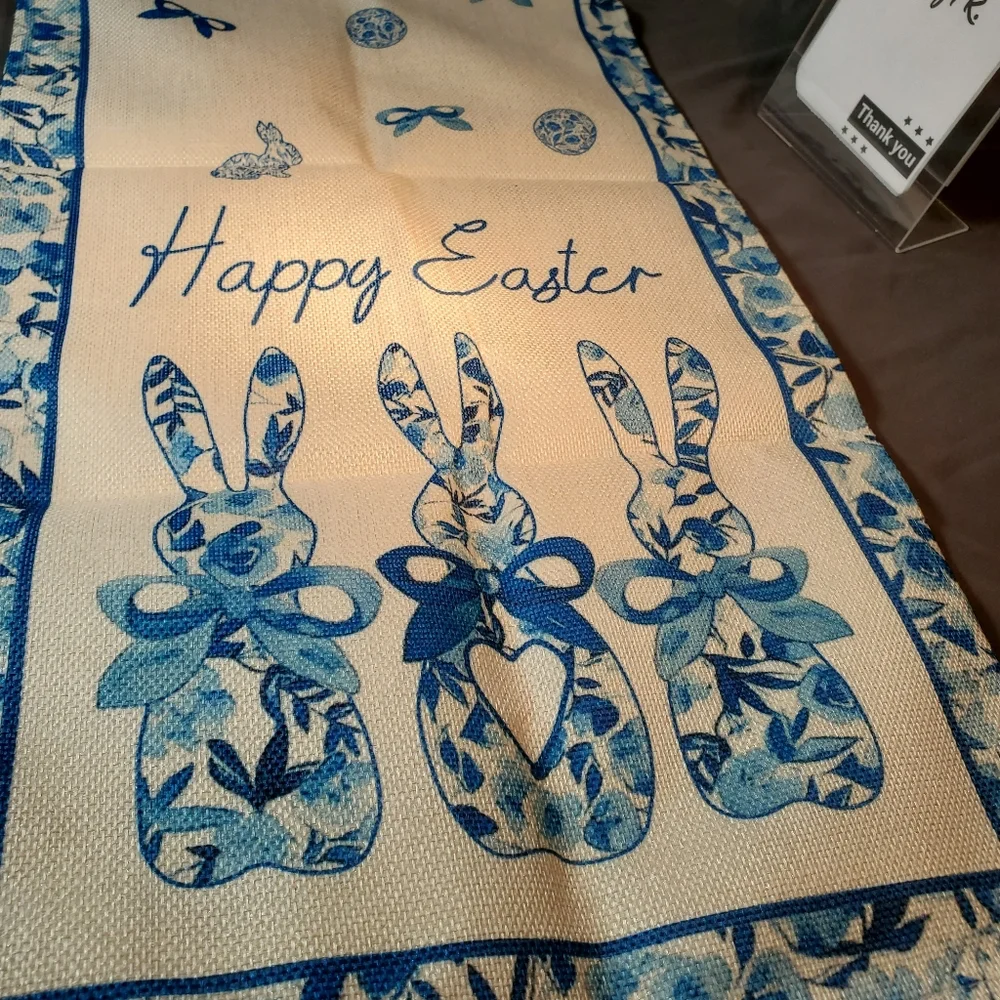 Blue porcelain bunny, happy Easter table runner 13x60 inch - Picture 5 of 10